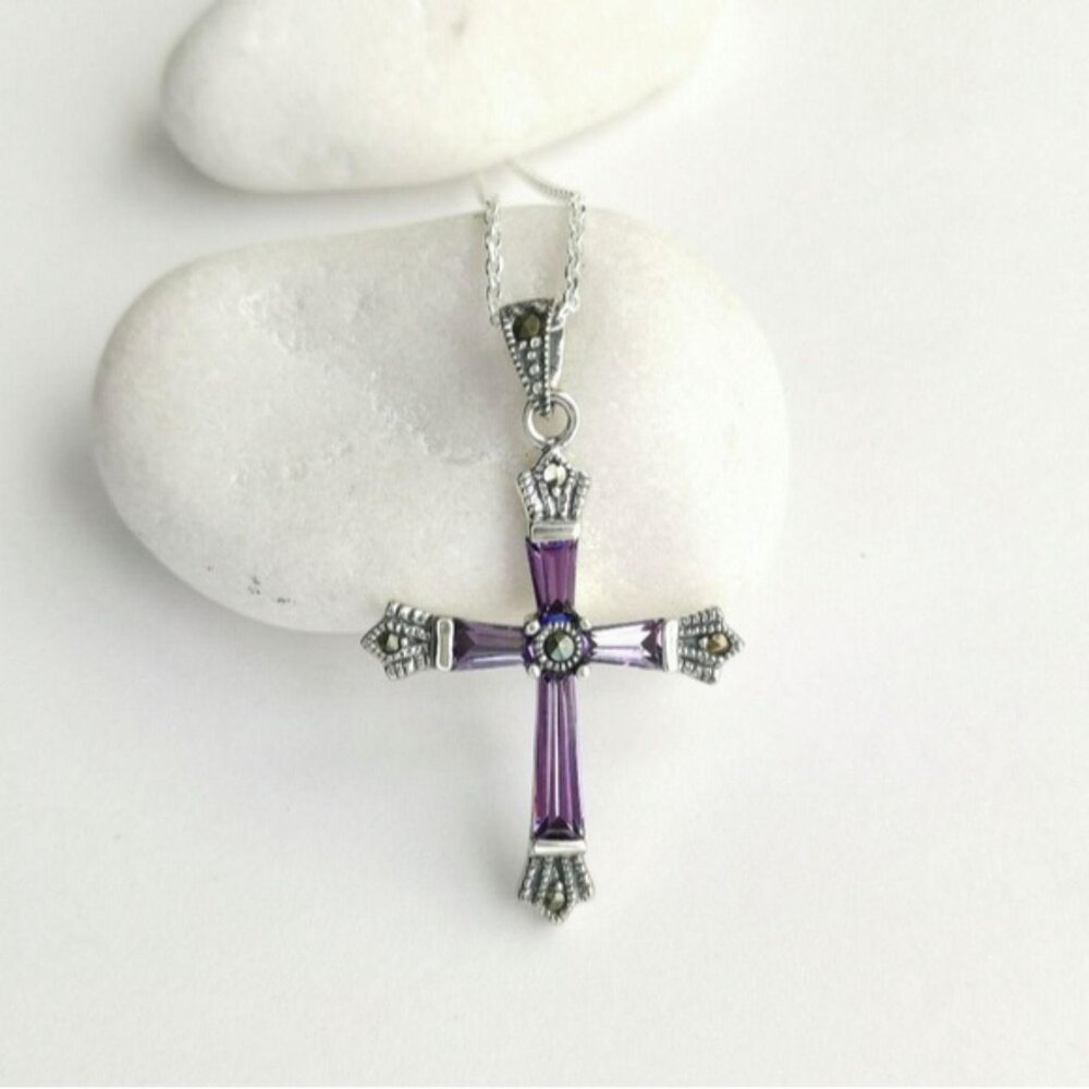 Amethyst Marcasite cross pendant necklace In Sterling Silver